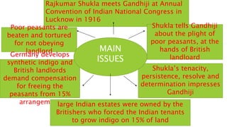 Rajkumar Shukla meets Gandhiji at Annual
Convention of Indian National Congress in
Lucknow in 1916
Poor peasants are
beaten and tortured
for not obeying
landlord
Shukla tells Gandhiji
about the plight of
poor peasants, at the
hands of British
landloard
Shukla’s tenacity,
persistence, resolve and
determination impresses
Gandhiji
Germany develops
synthetic indigo and
British landlords
demand compensation
for freeing the
peasants from 15%
arrangementlarge Indian estates were owned by the
Britishers who forced the Indian tenants
to grow indigo on 15% of land
MAIN
ISSUES
 