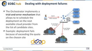 The Orchestrator implements a
trial-and-error mechanism that
allows to re-schedule the
deployment on the next
available cloud provider from
the list of candidate sites.
Example: deployment fails
because of exceeding the quota
on the chosen site
12/04/2019 6
Dealing with deployment failures
 