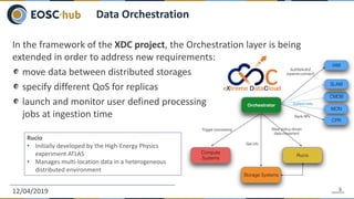 In the framework of the XDC project, the Orchestration layer is being
extended in order to address new requirements:
move data between distributed storages
specify different QoS for replicas
launch and monitor user defined processing
jobs at ingestion time
12/04/2019 9
Data Orchestration
Rucio
• Initially developed by the High-Energy Physics
experiment ATLAS
• Manages multi-location data in a heterogeneous
distributed environment
 