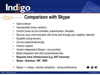Comparison with Skype Open protocol Interoperable (many vendors) Control (route can be controlled, authentication, firewalls) Security (your communication will not be sent through your neighbor network) Scalable (using domain) Can be implemented locally Industry support Vendor independent (Skype = one provider) Better integration with other protocols/services Requires more infrastructure (e.g. NAT traversal) Skype : directory / SIP : DNS Skype = « cheap » solution (simplicity ~ strong architecture) 