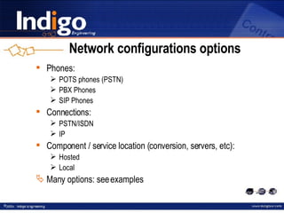 Network configurations options Phones: POTS phones (PSTN) PBX Phones SIP Phones Connections: PSTN/ISDN IP Component / service location (conversion, servers, etc): Hosted Local Many options: see examples 