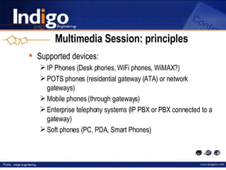 Multimedia Session: principles Supported devices: IP Phones (Desk phones,  W i F i phones , WiMAX? ) POTS phones (residential gateway (ATA) or network gateways) Mobile phones (through gateways) Enterprise telephony systems (IP PBX or PBX connected to a gateway) Soft phones (PC, PDA, Smart Phones) 