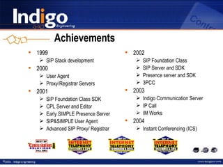Achievements 1999 SIP Stack development 2000 User Agent Proxy/Registrar Servers 2001 SIP Foundation Class SDK CPL Server and Editor Early SIMPLE Presence Server SIP&SIMPLE User Agent Advanced SIP Proxy/ Registrar 2002 SIP Foundation Class SIP Server and SDK Presence server and SDK 3PCC 2003 Indigo Communication Server IP Call IM Works 2004 Instant Conferencing (ICS) 