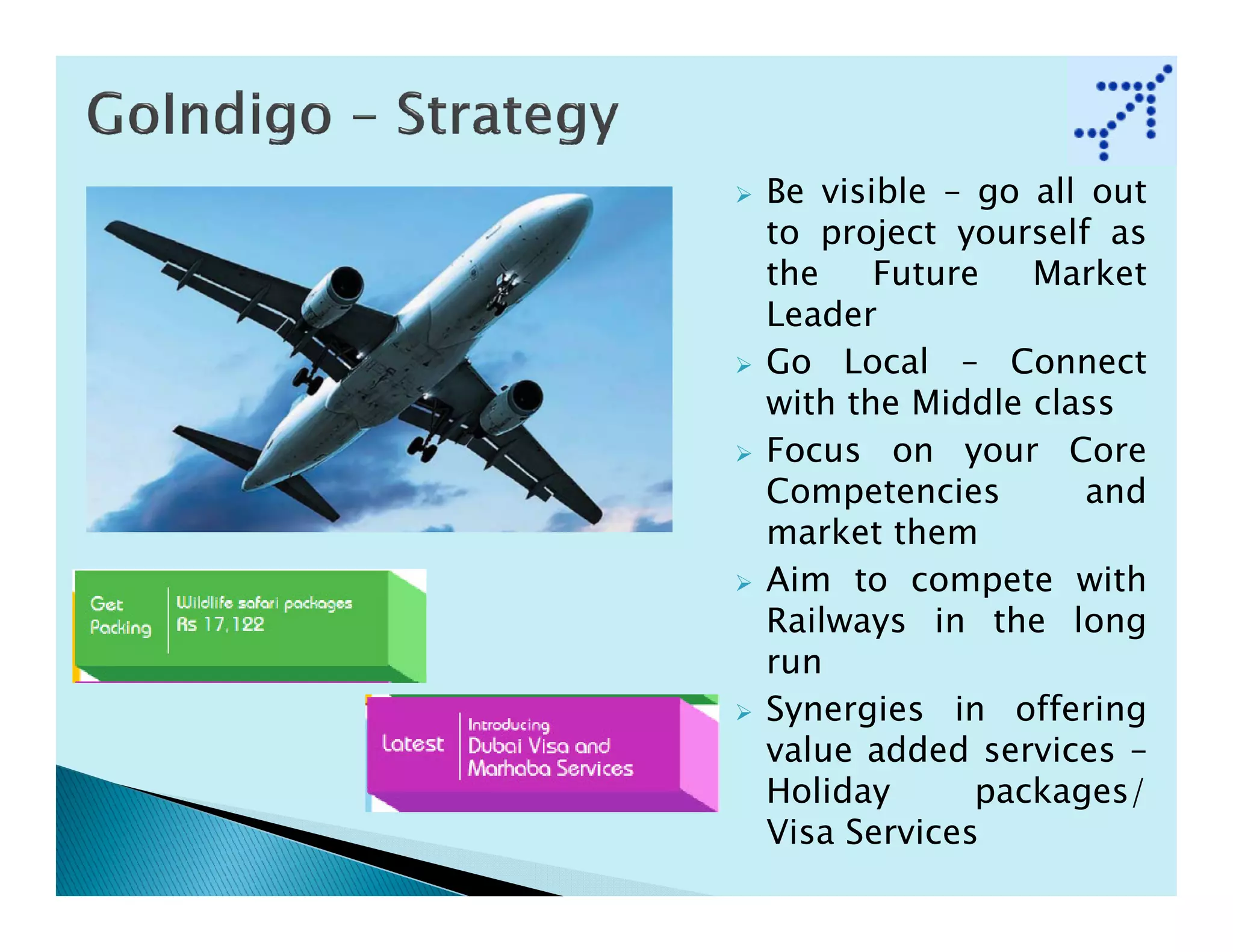 Be visible – go all out
to project yourself as
the    Future   Market
Leader
Go Local – Connect
with the Middle class
Focus on your Core
Competencies        and
market them
Aim to compete with
Railways in the long
run
Synergies in offering
value added services –
Holiday      packages/
Visa Services
 