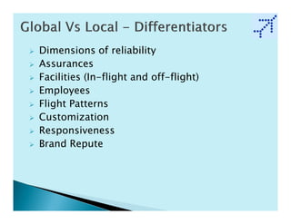 Dimensions of reliability
Assurances
Facilities (In-flight and off-flight)
Employees
Flight Patterns
Customization
Responsiveness
Brand Repute
 