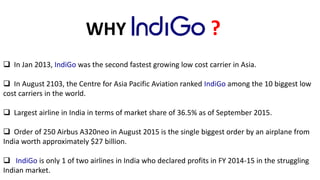 WHY ?
 In Jan 2013, IndiGo was the second fastest growing low cost carrier in Asia.
 In August 2103, the Centre for Asia Pacific Aviation ranked IndiGo among the 10 biggest low
cost carriers in the world.
 Largest airline in India in terms of market share of 36.5% as of September 2015.
 Order of 250 Airbus A320neo in August 2015 is the single biggest order by an airplane from
India worth approximately $27 billion.
 IndiGo is only 1 of two airlines in India who declared profits in FY 2014-15 in the struggling
Indian market.
 