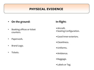 • On the ground:
• Booking offices or ticket
counters.
• Paperwork.
• Brand Logo.
• Tickets.
PHYSICAL EVIDENCE
In-flight:
•Aircraft.
•Seating Configuration.
•Good Inner-exteriors.
•Cleanliness.
•Uniforms.
•Ambience.
•Baggage.
•Labels or Tag.
 