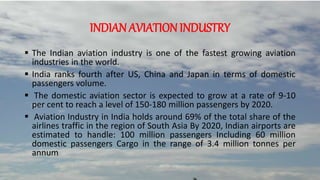 INDIANAVIATIONINDUSTRY
 The Indian aviation industry is one of the fastest growing aviation
industries in the world.
 India ranks fourth after US, China and Japan in terms of domestic
passengers volume.
 The domestic aviation sector is expected to grow at a rate of 9-10
per cent to reach a level of 150-180 million passengers by 2020.
 Aviation Industry in India holds around 69% of the total share of the
airlines traffic in the region of South Asia By 2020, Indian airports are
estimated to handle: 100 million passengers Including 60 million
domestic passengers Cargo in the range of 3.4 million tonnes per
annum
 