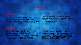 Address
Banglore
G17/20, Richmond Towers,12
Richmond Road, Bangalore-560025
Tel:080-22219810, 22219820,22126879
CHENNAI
144/145, Malavika Center,
Kodambakkam High Road,
Nungambakkam Chennai – 600034
Tel : 044-65272262, 65272272
DELHI - NCR ( GURGAON)
Level -3, Tower-C, Global Business
Park,12, M.G. Road, Gurgaon – 122002
Tel :0124: 4352500
Goa
City Business Centre, Coelho
Pereira , Opp. The Jumma Majod,
Dada Vaidya Road, Panjim, Goa -
403001, Tel : 0832- 2235115
 