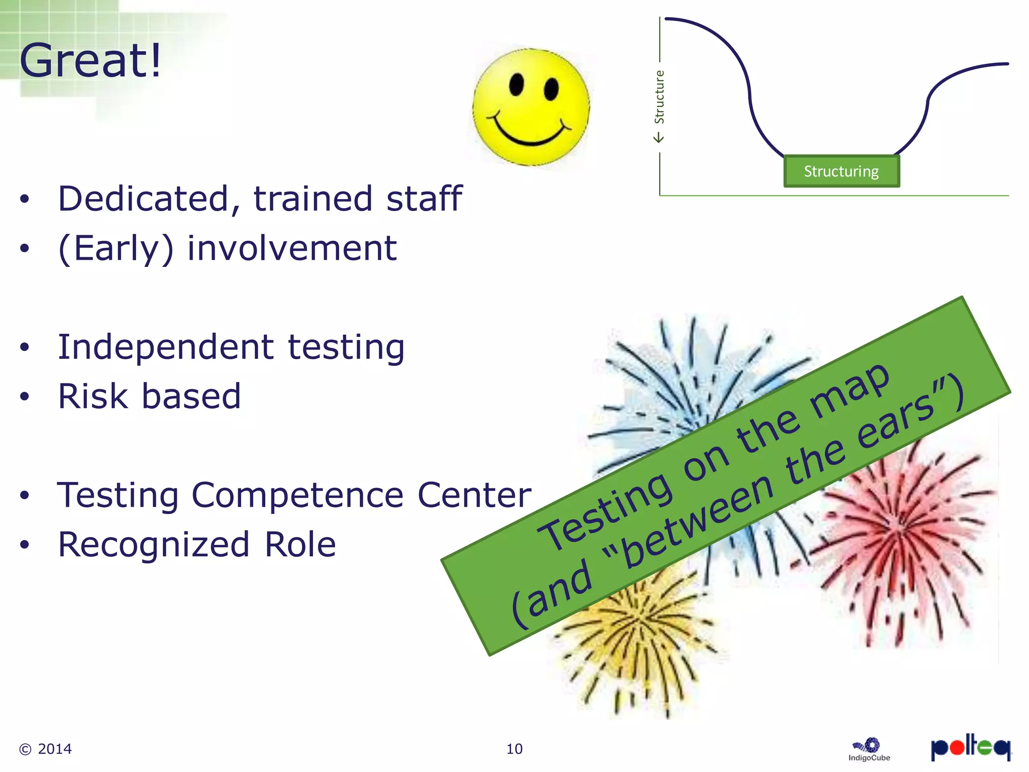 © 2014 10
Great!
• Dedicated, trained staff
• (Early) involvement
• Independent testing
• Risk based
• Testing Competence Center
• Recognized Role
Structuring
Structure
 