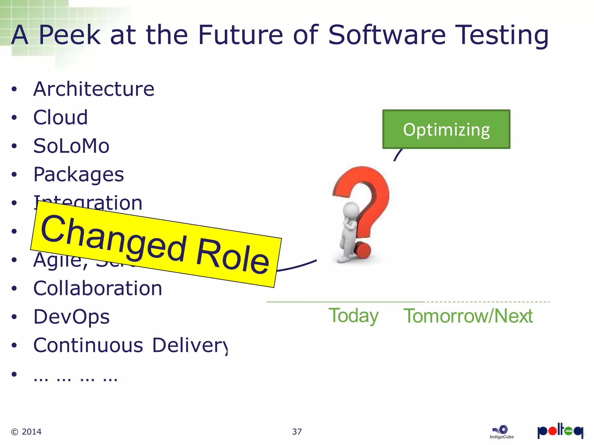 © 2014 37
• Architecture
• Cloud
• SoLoMo
• Packages
• Integration
• Outsourcing
• Agile, Scrum
• Collaboration
• DevOps
• Continuous Delivery
• … … … …
A Peek at the Future of Software Testing
Optimizing
Today Tomorrow/Next
 