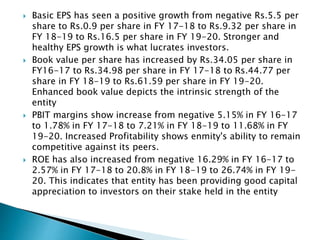  Basic EPS has seen a positive growth from negative Rs.5.5 per
share to Rs.0.9 per share in FY 17-18 to Rs.9.32 per share in
FY 18-19 to Rs.16.5 per share in FY 19-20. Stronger and
healthy EPS growth is what lucrates investors.
 Book value per share has increased by Rs.34.05 per share in
FY16-17 to Rs.34.98 per share in FY 17-18 to Rs.44.77 per
share in FY 18-19 to Rs.61.59 per share in FY 19-20.
Enhanced book value depicts the intrinsic strength of the
entity
 PBIT margins show increase from negative 5.15% in FY 16-17
to 1.78% in FY 17-18 to 7.21% in FY 18-19 to 11.68% in FY
19-20. Increased Profitability shows enmity's ability to remain
competitive against its peers.
 ROE has also increased from negative 16.29% in FY 16-17 to
2.57% in FY 17-18 to 20.8% in FY 18-19 to 26.74% in FY 19-
20. This indicates that entity has been providing good capital
appreciation to investors on their stake held in the entity
 