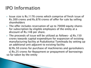  Issue size is Rs.1176 crores which comprise of fresh issue of
Rs.300 crores and Rs.876 crores of offer for sale by selling
shareholders
 The offer includes reservation of up to 70000 equity shares
for subscription by eligible employees of the entity at a
discount of Rs.148 per share.
 The proceeds of issue will be utilized as follows- a] Rs.150
crores towards capital expenditure for expansion of existing
manufacturing facility at Pudukkottai Tamilnadu by setting up
an additional unit adjacent to existing facility
b] Rs.50 crores for purchase of machineries and gyroshakers
c] Rs.25 crores for Repayment or prepayment of borrowings
so far taken by the entity
 
