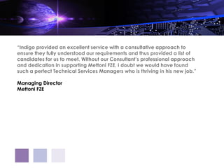 “Indigo provided an excellent service with a consultative approach to
ensure they fully understood our requirements and thus provided a list of
candidates for us to meet. Without our Consultant’s professional approach
and dedication in supporting Mettoni FZE, I doubt we would have found
such a perfect Technical Services Managers who is thriving in his new job.”

Managing Director
Mettoni FZE
 