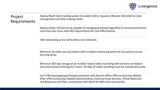 Project
Requirements
Deploy Multi-level tracking system to enable LEO to request a Wrecker 24x7x365 to clear
emergencies and other towing needs.
Deploy elastic infrastructure capable of managing workload regardless of session/connection
count but also must meet ROI requirements for cost effectiveness.
10G networking across all facilities core networks.
Minimum 5K video security system with multiple monitoring points for all cameras across
the enterprise.
Minimum 365 day storage of all incident related video recording with timeline correlation
and cloud based archiving for 3 years. 45 days of video recording must be maintained onsite.
Full UTM based gateway firewall protection with Branch-Office VPN connectivity, Mobile
IPSec VPN connectivity, Mobile Authentication, External Proxy Services, Threat Detection
and Response and IPSec connectivity with IKEv2 for AWS interconnectivity.
 