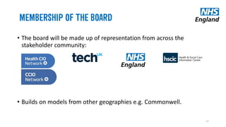 • The board will be made up of representation from across the
stakeholder community:
• Builds on models from other geographies e.g. Commonwell.
17
 