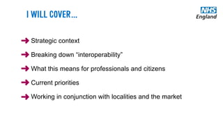 Strategic context
Breaking down “interoperability”
What this means for professionals and citizens
Current priorities
Working in conjunction with localities and the market
 