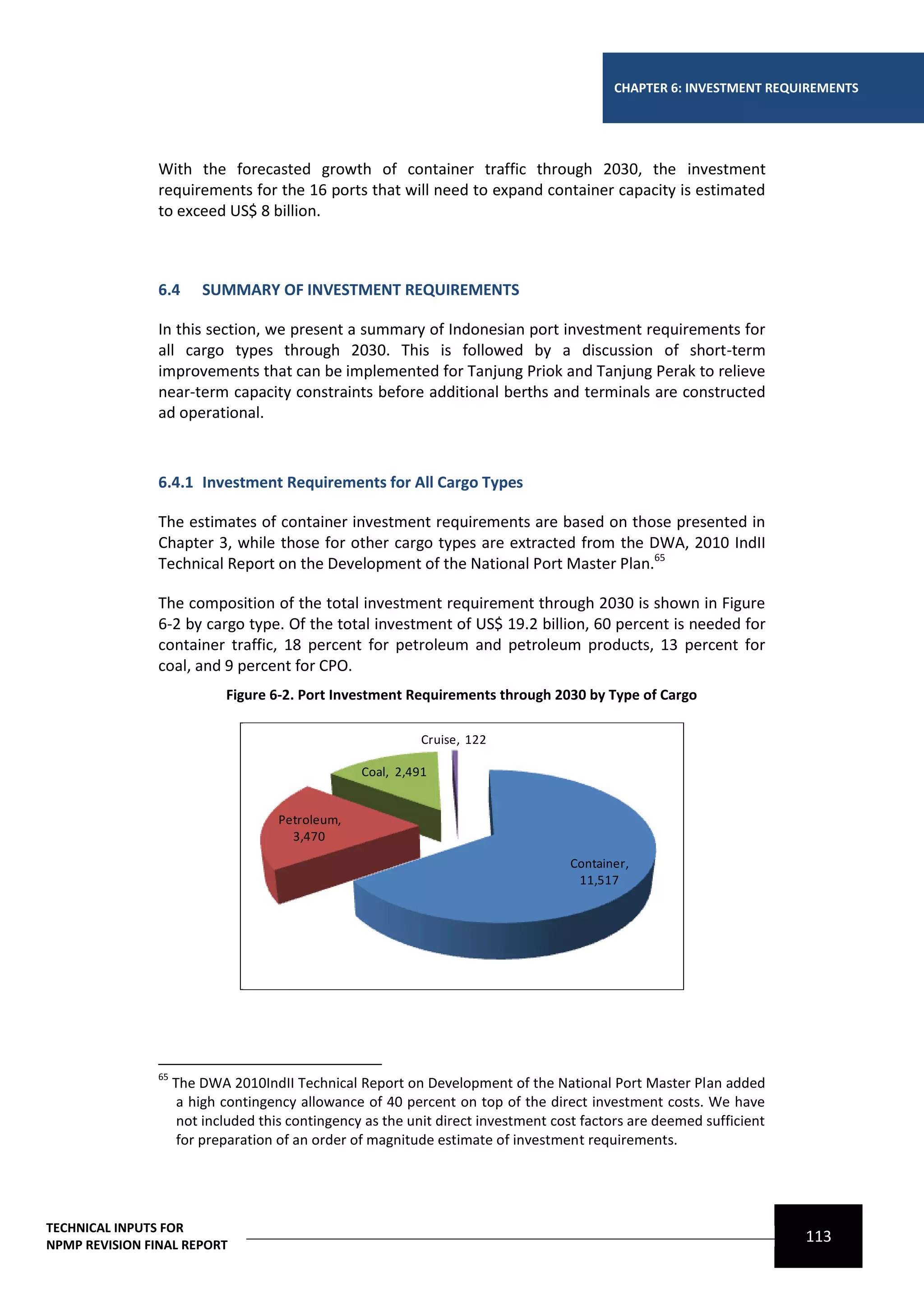 CHAPTER 6: INVESTMENT REQUIREMENTS




                With the forecasted growth of container traffic through 2030, the investment
                requirements for the 16 ports that will need to expand container capacity is estimated
                to exceed US$ 8 billion.



                6.4      SUMMARY OF INVESTMENT REQUIREMENTS

                In this section, we present a summary of Indonesian port investment requirements for
                all cargo types through 2030. This is followed by a discussion of short-term
                improvements that can be implemented for Tanjung Priok and Tanjung Perak to relieve
                near-term capacity constraints before additional berths and terminals are constructed
                ad operational.



                6.4.1 Investment Requirements for All Cargo Types

                The estimates of container investment requirements are based on those presented in
                Chapter 3, while those for other cargo types are extracted from the DWA, 2010 IndII
                Technical Report on the Development of the National Port Master Plan.65

                The composition of the total investment requirement through 2030 is shown in Figure
                6-2 by cargo type. Of the total investment of US$ 19.2 billion, 60 percent is needed for
                container traffic, 18 percent for petroleum and petroleum products, 13 percent for
                coal, and 9 percent for CPO.
                             Figure 6-2. Port Investment Requirements through 2030 by Type of Cargo

                                                             Cruise, 122

                                                   Coal, 2,491


                                      Petroleum,
                                        3,470
                                                                                    Container,
                                                                                     11,517




                65
                     The DWA 2010IndII Technical Report on Development of the National Port Master Plan added
                      a high contingency allowance of 40 percent on top of the direct investment costs. We have
                      not included this contingency as the unit direct investment cost factors are deemed sufficient
                      for preparation of an order of magnitude estimate of investment requirements.




TECHNICAL INPUTS FOR
NPMP REVISION FINAL REPORT
                                                                                                                       113
 