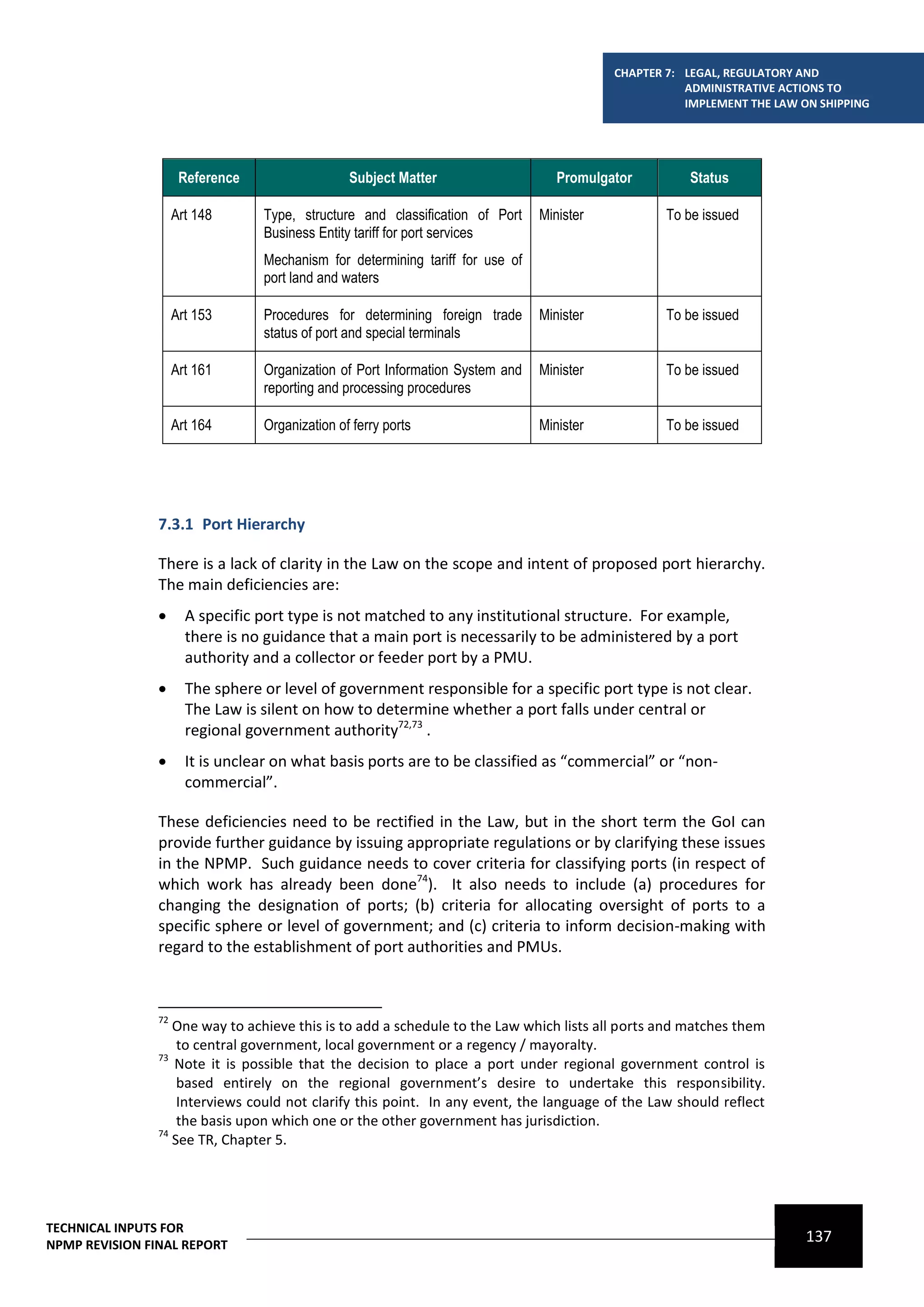 CHAPTER 7: LEGAL, REGULATORY AND
                                                                                                      ADMINISTRATIVE ACTIONS TO
                                                                                                      IMPLEMENT THE LAW ON SHIPPING




                      Reference                  Subject Matter                    Promulgator        Status

                     Art 148      Type, structure and classification of Port    Minister           To be issued
                                  Business Entity tariff for port services
                                  Mechanism for determining tariff for use of
                                  port land and waters

                     Art 153      Procedures for determining foreign trade      Minister           To be issued
                                  status of port and special terminals

                     Art 161      Organization of Port Information System and   Minister           To be issued
                                  reporting and processing procedures

                     Art 164      Organization of ferry ports                   Minister           To be issued




                7.3.1 Port Hierarchy

                There is a lack of clarity in the Law on the scope and intent of proposed port hierarchy.
                The main deficiencies are:
                      A specific port type is not matched to any institutional structure. For example,
                       there is no guidance that a main port is necessarily to be administered by a port
                       authority and a collector or feeder port by a PMU.
                      The sphere or level of government responsible for a specific port type is not clear.
                       The Law is silent on how to determine whether a port falls under central or
                       regional government authority72,73 .
                      It is unclear on what basis ports are to be classified as “commercial” or “non-
                       commercial”.

                These deficiencies need to be rectified in the Law, but in the short term the GoI can
                provide further guidance by issuing appropriate regulations or by clarifying these issues
                in the NPMP. Such guidance needs to cover criteria for classifying ports (in respect of
                which work has already been done74). It also needs to include (a) procedures for
                changing the designation of ports; (b) criteria for allocating oversight of ports to a
                specific sphere or level of government; and (c) criteria to inform decision-making with
                regard to the establishment of port authorities and PMUs.



                72
                   One way to achieve this is to add a schedule to the Law which lists all ports and matches them
                    to central government, local government or a regency / mayoralty.
                73
                   Note it is possible that the decision to place a port under regional government control is
                    based entirely on the regional government’s desire to undertake this responsibility.
                    Interviews could not clarify this point. In any event, the language of the Law should reflect
                    the basis upon which one or the other government has jurisdiction.
                74
                   See TR, Chapter 5.




TECHNICAL INPUTS FOR
NPMP REVISION FINAL REPORT
                                                                                                                         137
 