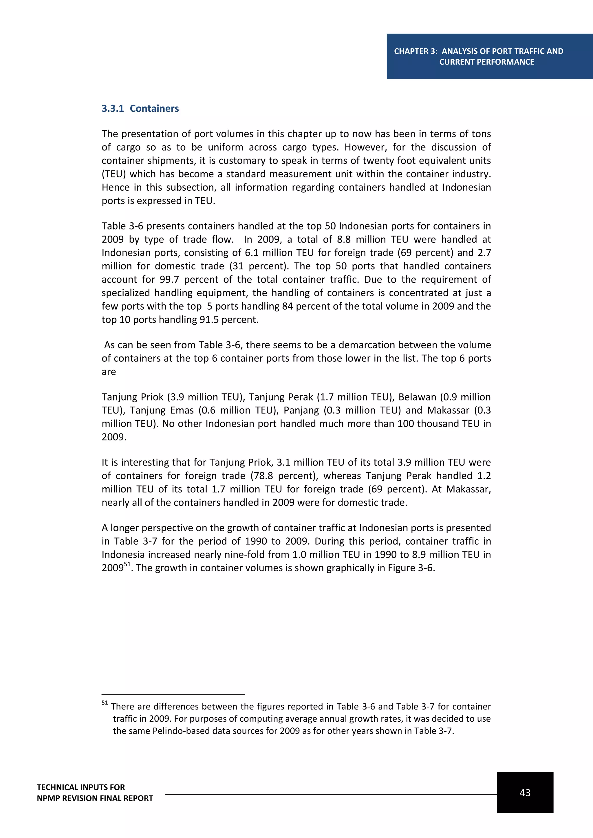 CHAPTER 3: ANALYSIS OF PORT TRAFFIC AND
                                                                                                  CURRENT PERFORMANCE




              3.3.1 Containers

              The presentation of port volumes in this chapter up to now has been in terms of tons
              of cargo so as to be uniform across cargo types. However, for the discussion of
              container shipments, it is customary to speak in terms of twenty foot equivalent units
              (TEU) which has become a standard measurement unit within the container industry.
              Hence in this subsection, all information regarding containers handled at Indonesian
              ports is expressed in TEU.

              Table 3-6 presents containers handled at the top 50 Indonesian ports for containers in
              2009 by type of trade flow. In 2009, a total of 8.8 million TEU were handled at
              Indonesian ports, consisting of 6.1 million TEU for foreign trade (69 percent) and 2.7
              million for domestic trade (31 percent). The top 50 ports that handled containers
              account for 99.7 percent of the total container traffic. Due to the requirement of
              specialized handling equipment, the handling of containers is concentrated at just a
              few ports with the top 5 ports handling 84 percent of the total volume in 2009 and the
              top 10 ports handling 91.5 percent.

              As can be seen from Table 3-6, there seems to be a demarcation between the volume
              of containers at the top 6 container ports from those lower in the list. The top 6 ports
              are

              Tanjung Priok (3.9 million TEU), Tanjung Perak (1.7 million TEU), Belawan (0.9 million
              TEU), Tanjung Emas (0.6 million TEU), Panjang (0.3 million TEU) and Makassar (0.3
              million TEU). No other Indonesian port handled much more than 100 thousand TEU in
              2009.

              It is interesting that for Tanjung Priok, 3.1 million TEU of its total 3.9 million TEU were
              of containers for foreign trade (78.8 percent), whereas Tanjung Perak handled 1.2
              million TEU of its total 1.7 million TEU for foreign trade (69 percent). At Makassar,
              nearly all of the containers handled in 2009 were for domestic trade.

              A longer perspective on the growth of container traffic at Indonesian ports is presented
              in Table 3-7 for the period of 1990 to 2009. During this period, container traffic in
              Indonesia increased nearly nine-fold from 1.0 million TEU in 1990 to 8.9 million TEU in
              200951. The growth in container volumes is shown graphically in Figure 3-6.




              51
                   There are differences between the figures reported in Table 3-6 and Table 3-7 for container
                   traffic in 2009. For purposes of computing average annual growth rates, it was decided to use
                   the same Pelindo-based data sources for 2009 as for other years shown in Table 3-7.




TECHNICAL INPUTS FOR
NPMP REVISION FINAL REPORT
                                                                                                                    43
 