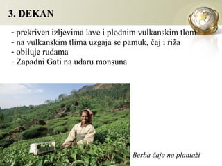 3. DEKAN
- prekriven izljevima lave i plodnim vulkanskim tlom
- na vulkanskim tlima uzgaja se pamuk, čaj i riža
- obiluje rudama
- Zapadni Gati na udaru monsuna




                                  Berba čaja na plantaži
 