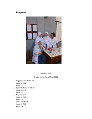 Lampiran

Praktikum Kimia
@ Laboratorium Kimia SMAN 9 BDG
1. Anggastya Diah Andita HP
Kelas : XI IPA 6
Absen : 02
2. Dyanti Kastamutuwardhani
Kelas :XI IPA 6
Absen : 07
3. Fety Fajriyanti
Kelas : XI IPA 6
Absen : 09
4. Zidnie Silmi Kafah
Kelas : XI IPA 6
Absen : 40

 