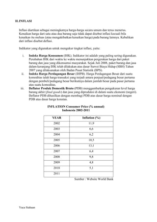 II. INFLASI
Inflasi diartikan sebagai meningkatnya harga-harga secara umum dan terus menerus.
Kenaikan harga dari satu atau dua barang saja tidak dapat disebut inflasi kecuali bila
kenaikan itu meluas (atau mengakibatkan kenaikan harga) pada barang lainnya. Kebalikan
dari inflasi disebut deflasi.
Indikator yang digunakan untuk mengukur tingkat inflasi, yaitu:
i.

ii.

iii.

Indeks Harga Konsumen (IHK). Indikator ini adalah yang paling sering digunakan.
Perubahan IHK dari waktu ke waktu menunjukkan pergerakan harga dari paket
barang dan jasa yang dikonsumsi masyarakat. Sejak Juli 2008, paket barang dan jasa
dalam keranjang IHK telah dilakukan atas dasar Survei Biaya Hidup (SBH) Tahun
2007 yang dilaksanakan oleh Badan Pusat Statistik (BPS).
Indeks Harga Perdagangan Besar (IHPB). Harga Perdagangan Besar dari suatu
komoditas ialah harga transaksi yang terjadi antara penjual/pedagang besar pertama
dengan pembeli/pedagang besar berikutnya dalam jumlah besar pada pasar pertama
atas suatu komoditas.
Deflator Produk Domestik Bruto (PDB) menggambarkan pengukuran level harga
barang akhir (final goods) dan jasa yang diproduksi di dalam suatu ekonomi (negeri).
Deflator PDB dihasilkan dengan membagi PDB atas dasar harga nominal dengan
PDB atas dasar harga konstan.
INFLATION Consumer Price (% annual)
Indonesia 2002-2011
YEAR

Inflation (%)

2002

11,9

2003

6,6

2004

6,2

2005

10,5

2006

13,1

2007

6,4

2008

9,8

2009

4,8

2010

5,1

2011
Sumber : Website World Bank

Yuca Siahaan

 