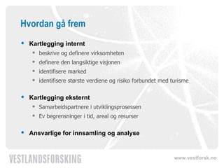 Hvordan gå frem Kartlegging internt beskrive og definere virksomheten definere den langsiktige visjonen identifisere marked  identifisere største verdiene og risiko forbundet med turisme Kartlegging eksternt Samarbeidspartnere i utviklingsprosessen Ev begrensninger i tid, areal og resurser Ansvarlige for innsamling og analyse 