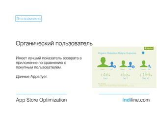 Органический пользователь
Имеет лучший показатель возврата в
приложение по сравнению с
покупным пользователем.
Данные Appsﬂyer.
App Store Optimization indiline.com
Это возможно
Цель
 