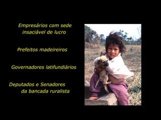 Empresários com sede
                  insaciável de lucro


                Prefeitos madeireiros


         Governadores latifundiários


       Deputados e Senadores
           da bancada ruralista




holdemqueen@hotmail.com
 