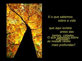 E o que sabemos
                                sobre a vida

                           que aqui existia
                                   antes das
                             tantas cidades
                          O que sabemos sobre
                                erguidas?
                          as nossas raízes
                             mais profundas?




holdemqueen@hotmail.com
 