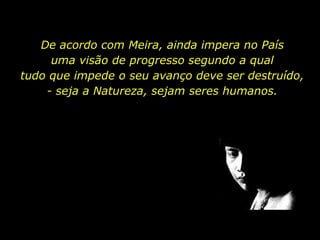 De acordo com Meira, ainda impera no País
             uma visão de progresso segundo a qual
        tudo que impede o seu avanço deve ser destruído,
            - seja a Natureza, sejam seres humanos.




holdemqueen@hotmail.com
 