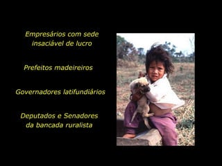 Empresários com sede
                  insaciável de lucro


                Prefeitos madeireiros


         Governadores latifundiários


             Deputados e Senadores
              da bancada ruralista




holdemqueen@hotmail.com
 