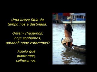 Uma breve fatia de
           tempo nos é destinada.

           Ontem chegamos,
            hoje sonhamos,
        amanhã onde estaremos?

                           Aquilo que
                           plantamos,
                          colheremos.

holdemqueen@hotmail.com
 