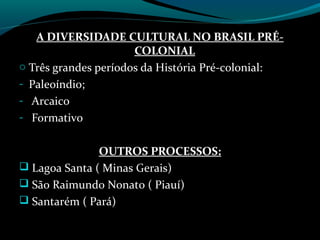 A DIVERSIDADE CULTURAL NO BRASIL PRÉ-
                      COLONIAL
o Três grandes períodos da História Pré-colonial:
- Paleoíndio;
- Arcaico
- Formativo


               OUTROS PROCESSOS:
 Lagoa Santa ( Minas Gerais)
 São Raimundo Nonato ( Piauí)
 Santarém ( Pará)
 