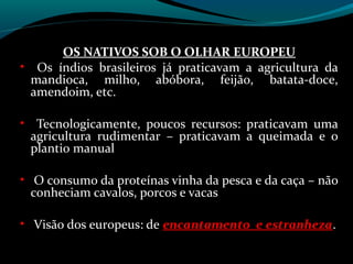 OS NATIVOS SOB O OLHAR EUROPEU
• Os índios brasileiros já praticavam a agricultura da
 mandioca, milho, abóbora, feijão, batata-doce,
 amendoim, etc.

•    Tecnologicamente, poucos recursos: praticavam uma
    agricultura rudimentar – praticavam a queimada e o
    plantio manual

• O consumo da proteínas vinha da pesca e da caça – não
    conheciam cavalos, porcos e vacas

• Visão dos europeus: de encantamento e estranheza.
 