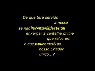 De que terá servido  a nossa breve vida terrena, se não formos capazes de  enxergar a centelha divina  que reluz em cada ser vivo e que nos remete ao  nosso Criador único...? 