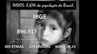 ÍNDIOS: 0,47% da população do Brasil.

IBGE
896.917
305 ETNIAS

274 LÍNGUAS

NORTE: 38,2%

 