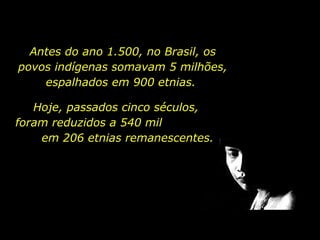 Hoje, passados cinco séculos, foram reduzidos a 540 mil  em 206 etnias remanescentes. Antes do ano 1.500, no Brasil, os povos indígenas somavam 5 milhões, espalhados em 900 etnias.  