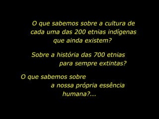 O que sabemos sobre a cultura de cada uma das 200 etnias indígenas que ainda existem?  Sobre a história das 700 etnias  para sempre extintas?  O que sabemos sobre  a nossa própria essência humana?... 