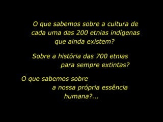 O que sabemos sobre a cultura de
cada uma das 200 etnias indígenas
que ainda existem?
Sobre a história das 700 etnias
para sempre extintas?
O que sabemos sobre
a nossa própria essência
humana?...

holdemqueen@hotmail.com

 