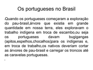 Os portugueses no Brasil
lQuando os portugueses começaram a exploração
do pau-brasil,árvore que existia em grande
quantidade em nossa terra, eles exploravam o
trabalho indígena em troca de escambo,ou seja
os portugueses davam bugigangas
(apitos,espelhos,chocalhos)para os indígenas e,
em troca de trabalho,os nativos deveriam cortar
as árvores de pau-brasil e carregar os troncos até
as caravelas portuguesas.
l
 