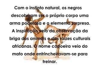 Com o instinto natural, os negros
descobriram ser o próprio corpo uma
arma poderosa e o elemento surpresa.
 A inspiração veio da observação da
briga dos animais e das raízes culturais
 africanas. O nome capoeira veio do
 mato onde entrincheiravam-se para
                treinar.
 