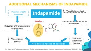 Indapamide
Vascular smooth
muscle cell
Reduction of transmembrane
calcium influx
Vasorelaxant
activity
Non diuresis induced BP reduction
Improves
Endothelial
function
Antioxidant
Vasodilatory effect
ADDITIONAL MECHANISMS OF INDAPAMIDE
Tan, Cheng, et al. "Antihypertensive activity of indole and indazole analogues: A review." Arabian Journal of Chemistry 15.5 (2022): 103756.
 