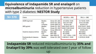 Hypertens. 2004 Aug;22(8):1613-22
Equivalence of indapamide SR and enalapril on
microalbuminuria reduction in hypertensive patients
with type 2 diabetes: NESTOR Study
Indapamide SR reduced microalbuminuria by 35% and
Enalapril by 39% was well tolerated over I year of follow
up
N= 570
 
