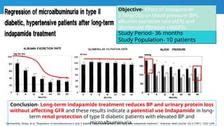 Study Period- 36 months
Study Population- 10 patients
Objective- Effect of Indapamide
2.5mg(OD) on blood pressure (BP),
albumin excretion rate (AER) and
glomerular filtration rat(GFR)
Conclusion- Long-term indapamide treatment reduces BP and urinary protein loss
without affecting GFR and these results indicate a potential use Indapamide in long-
term renal protection of type II diabetic patients with elevated BP and
microalbuminuria.
Gambardella, Sergio, et al. "Regression of microalbuminuria in type II diabetic, hypertensive patients after long-term indapamide treatment." American Heart Journal 122.4 (1991): 1232-1238.
 