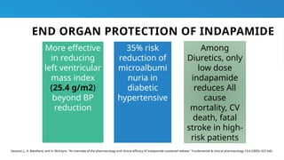END ORGAN PROTECTION OF INDAPAMIDE
Among
Diuretics, only
low dose
indapamide
reduces All
cause
mortality, CV
death, fatal
stroke in high-
risk patients
35% risk
reduction of
microalbumi
nuria in
diabetic
hypertensive
More effective
in reducing
left ventricular
mass index
(25.4 g/m2)
beyond BP
reduction
Sassard, J., A. Bataillard, and H. McIntyre. "An overview of the pharmacology and clinical efficacy of indapamide sustained release." Fundamental & clinical pharmacology 19.6 (2005): 637-645.
 