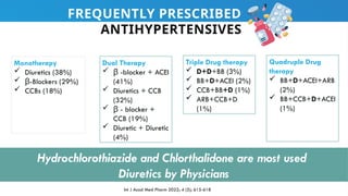 Hydrochlorothiazide and Chlorthalidone are most used
Diuretics by Physicians
Quadruple Drug
therapy
 BB+D+ACEI+ARB
(2%)
 BB+CCB+D+ACEI
(1%)
Monotherapy
 Diuretics (38%)
 -
β Blockers (29%)
 CCBs (18%)
Dual Therapy
 -
β blocker + ACEI
(41%)
 Diuretics + CCB
(32%)
 -
β blocker +
CCB (19%)
 Diuretic + Diuretic
(4%)
Triple Drug therapy
 D+D+BB (3%)
 BB+D+ACEI (2%)
 CCB+BB+D (1%)
 ARB+CCB+D
(1%)
Int J Acad Med Pharm 2022; 4 (5); 615-618
FREQUENTLY PRESCRIBED
ANTIHYPERTENSIVES
 