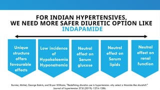 FOR INDIAN HYPERTENSIVES,
WE NEED MORE SAFER DIURETIC OPTION LIKE
INDAPAMIDE
Unique
structure
offers
favourable
effects
Low incidence
of
Hypokalaemia
Hyponatremia
Neutral
effect on
Serum
glucose
Neutral
effect on
renal
function
Neutral
effect on
Serum
lipids
Burnier, Michel, George Bakris, and Bryan Williams. "Redefining diuretics use in hypertension: why select a thiazide-like diuretic?."
Journal of hypertension 37.8 (2019): 1574-1586.
 