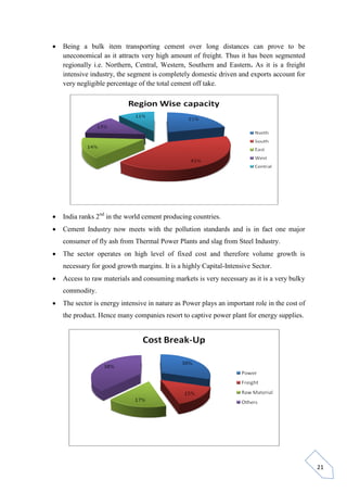 21
 Being a bulk item transporting cement over long distances can prove to be
uneconomical as it attracts very high amount of freight. Thus it has been segmented
regionally i.e. Northern, Central, Western, Southern and Eastern. As it is a freight
intensive industry, the segment is completely domestic driven and exports account for
very negligible percentage of the total cement off take.
 India ranks 2nd
in the world cement producing countries.
 Cement Industry now meets with the pollution standards and is in fact one major
consumer of fly ash from Thermal Power Plants and slag from Steel Industry.
 The sector operates on high level of fixed cost and therefore volume growth is
necessary for good growth margins. It is a highly Capital-Intensive Sector.
 Access to raw materials and consuming markets is very necessary as it is a very bulky
commodity.
 The sector is energy intensive in nature as Power plays an important role in the cost of
the product. Hence many companies resort to captive power plant for energy supplies.
 